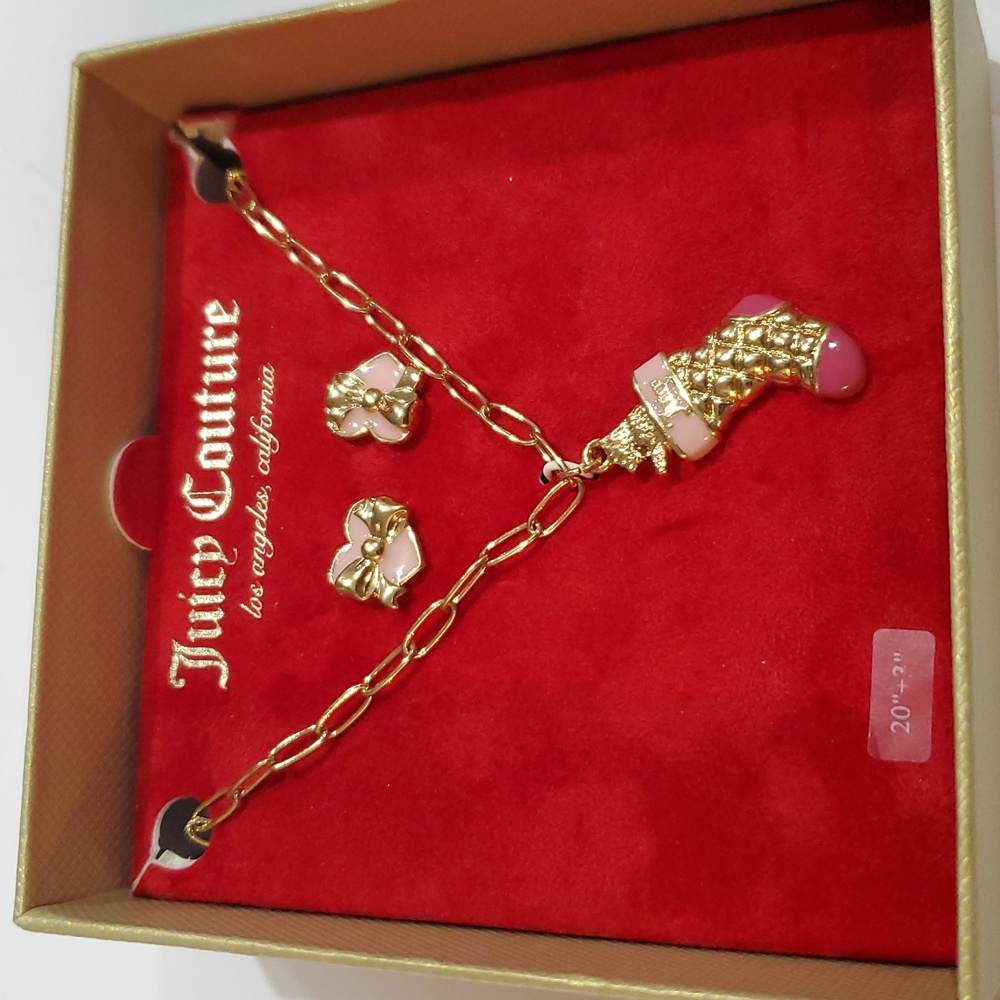 Juicy Couture gold tone pink stocking necklace and pink heart shape bow earrings